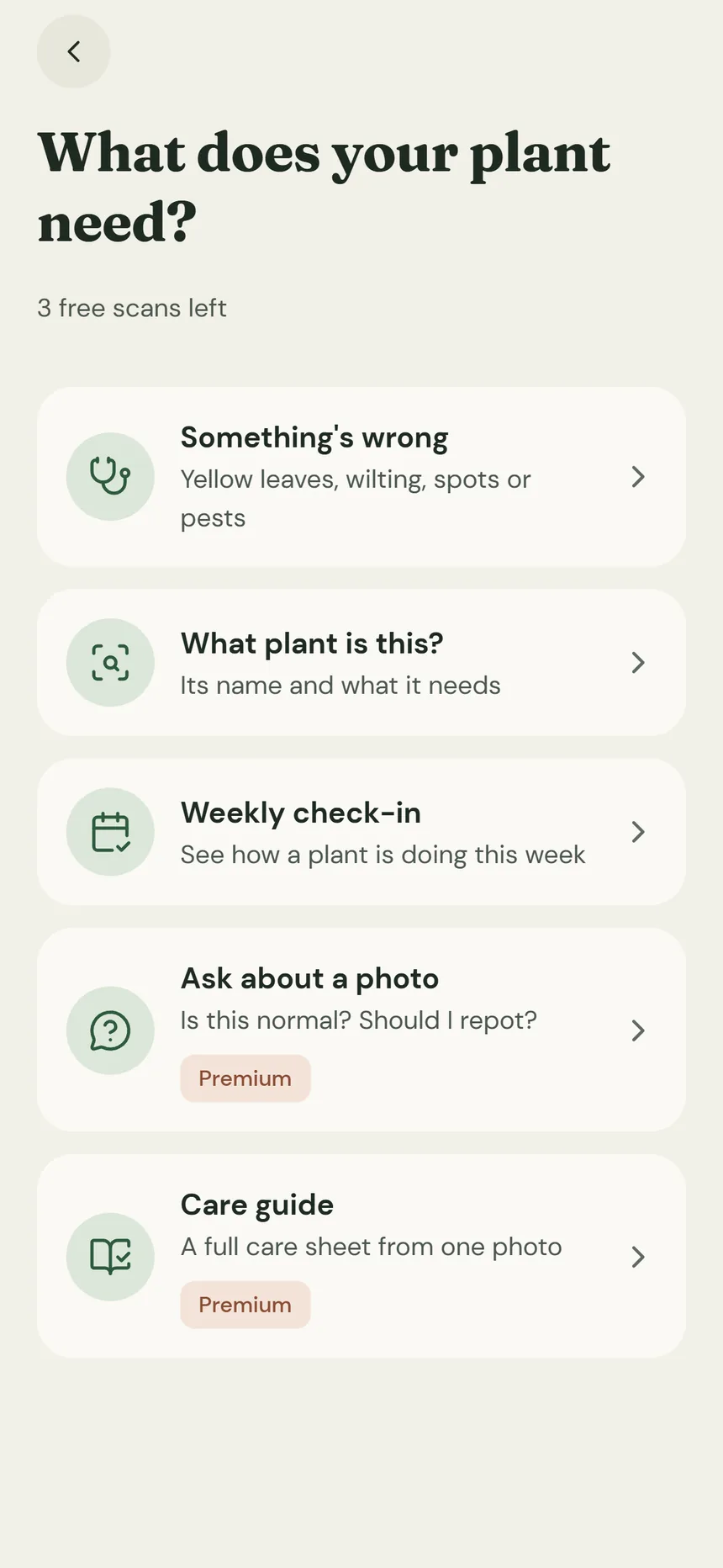 PlantGrail iPhone app scan picker asking “What does your plant need?”, with options for something’s wrong, what plant is this, a weekly check-in, and two Premium options: ask about a photo and a care guide.